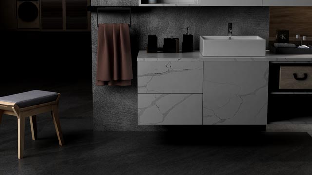 Black With White Vein Counertop , Chinese Floor Artificial Quartz Stone
